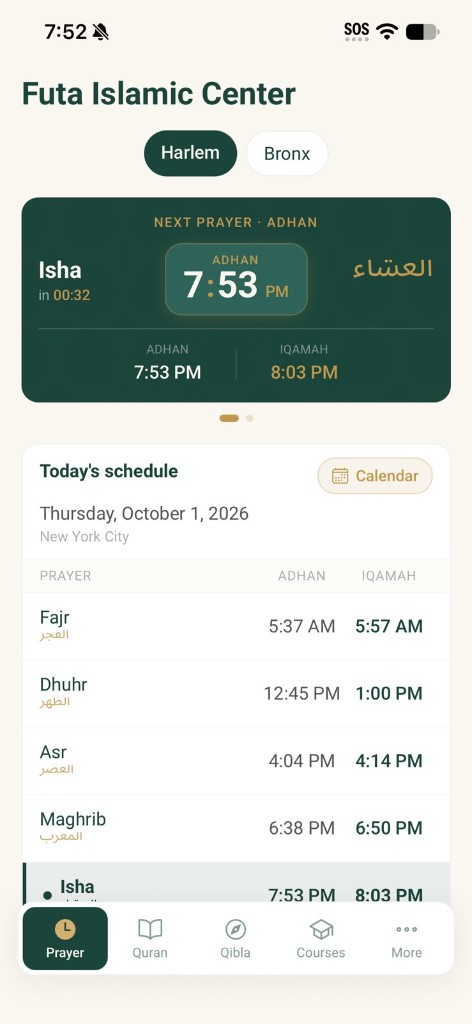 Prayer times: home screen with today's schedule